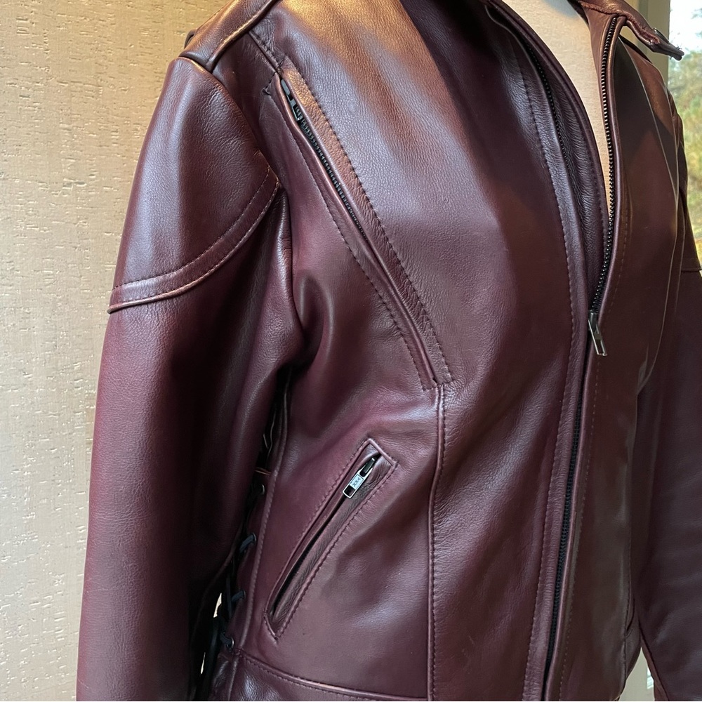 Vintage Leather Maroon Purple Biker Bomber Jacket Lace Up - Picture 6 of 6